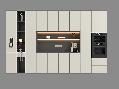 Modern Wine Cabinet Design With White Cabinetry LED Light Open Shelf Holding Wine Glasses Bottles 3d model