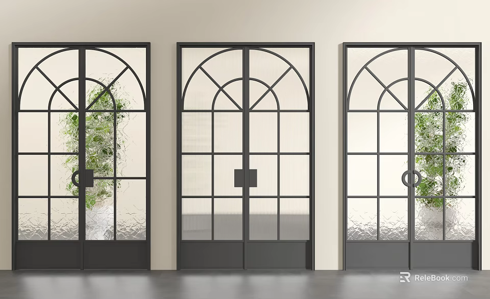 Modern Glass Panel Double Doors With Black Metal Frame Arched Top And Home Interior 3d model 