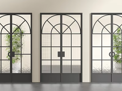 Modern Glass Panel Double Doors With Black Metal Frame Arched Top And Home Interior 3d model