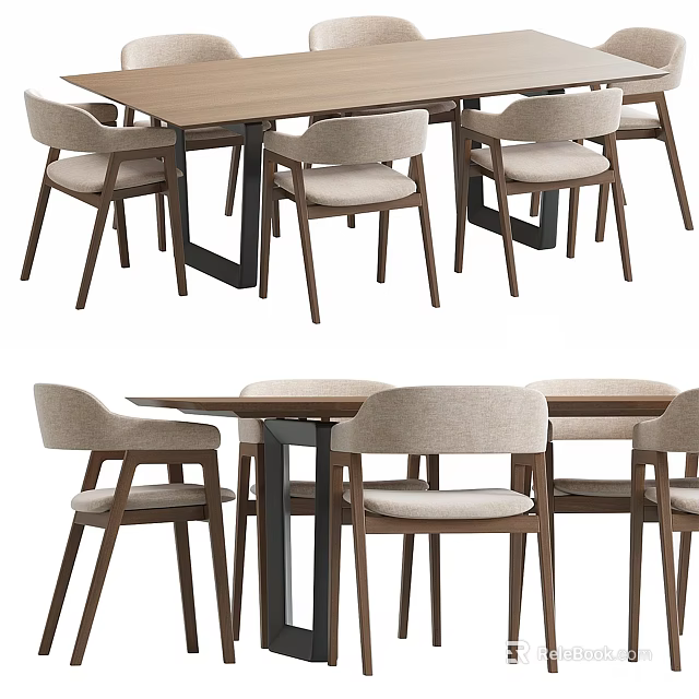 Modern Dining Table Set With Wooden Tabletop And Beige Fabric Chairs 3d model 