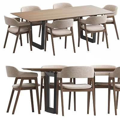 Modern Dining Table Set With Wooden Tabletop And Beige Fabric Chairs 3d model
