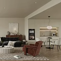Modern Living And Dining Room Interior Design With Black Sofa Bookshelf And Geometric Rug