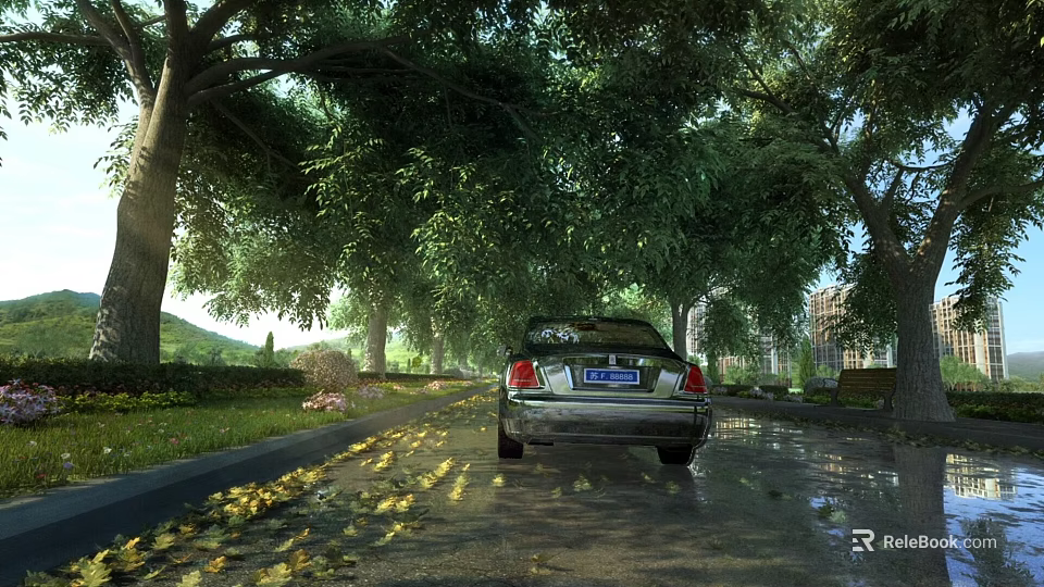 Municipal Road With Lush Trees Greenery And Car On Wet Surface With Fallen Leaves 3d model 