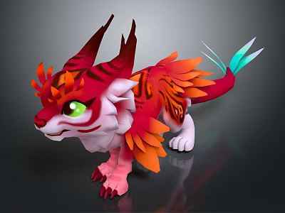 Colorful Mythical Creature Character Featuring Vibrant Red Orange Feathers Green Eyes Horned Head Turquoise Tail 3d model