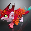 Colorful Mythical Creature Character Featuring Vibrant Red Orange Feathers Green Eyes Horned Head Turquoise Tail
