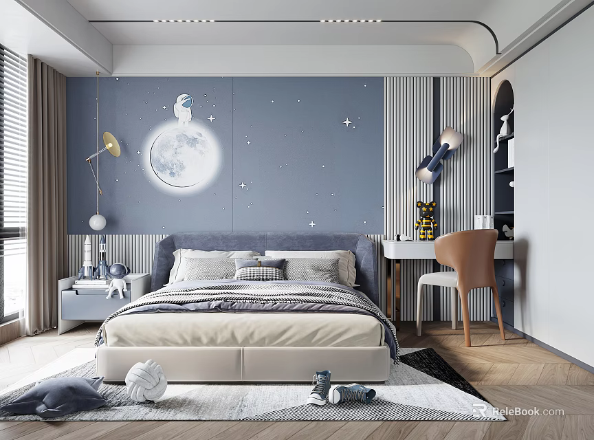 Kids Room Interior Design with Blue Wall Moon Stars Bed Desk Chair and Toys 3d model 
