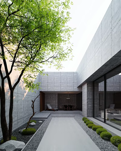 Modern Courtyard Garden Design With Concrete Walls Green Trees And Outdoor Seating 3d model