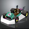 Turquoise And White Toy Go Kart With Brown Seat Black Wheels And Circular Logo Featuring Number 34