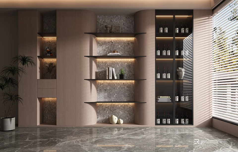 Modern Wine Cabinet Design With Glass Doors Shelves LED Lighting And Wine Bottles 3d model 