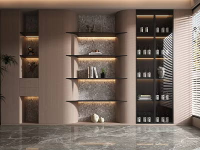 Modern Wine Cabinet Design With Glass Doors Shelves LED Lighting And Wine Bottles 3d model