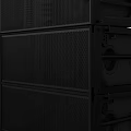 Black Stacked Audio Speaker System with Multiple Black Cabinets on Smooth Gray Floor White Background