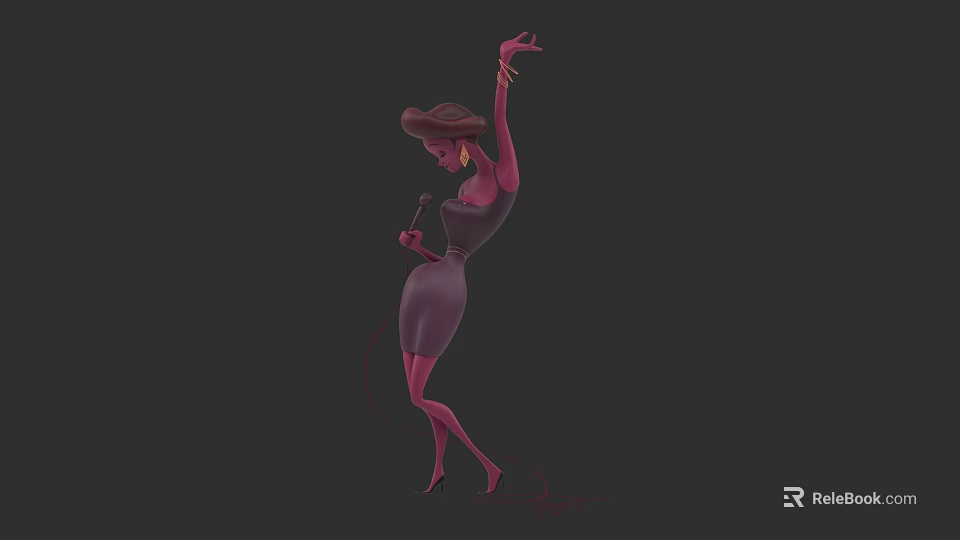 Elegant Woman In Purple Dress Dancing With Microphone And High Heels 3d model 