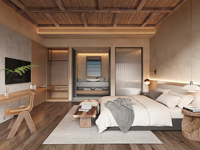 Hotel Guest Room Modern Minimalist Design Featuring Wooden Ceiling Bed TV Desk And Green Plant 3d model