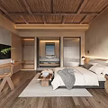 Hotel Guest Room Modern Minimalist Design Featuring Wooden Ceiling Bed TV Desk And Green Plant