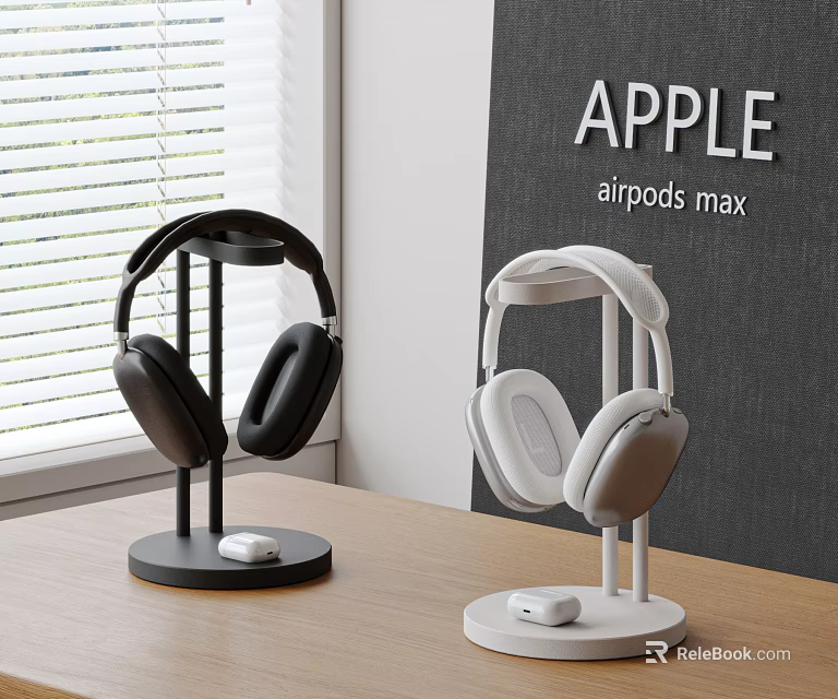 Apple AirPods Max Wireless Headphones With Black White Stand On Wooden Table 3d model 