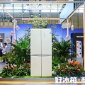 Floral Installation in Pop-up Store with Transparent Glass Cabin White Refrigerator Green Plants and Woman