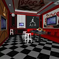 Modern KTV Room Design With Red Black Decor Checkered Floor TV Screens And Sofa