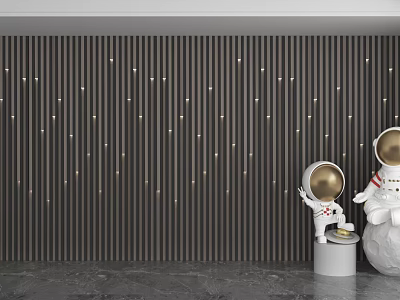 Stylish Dark Vertical Striped Wall With Golden Dots And Astronaut Figurines On White Base 3d model