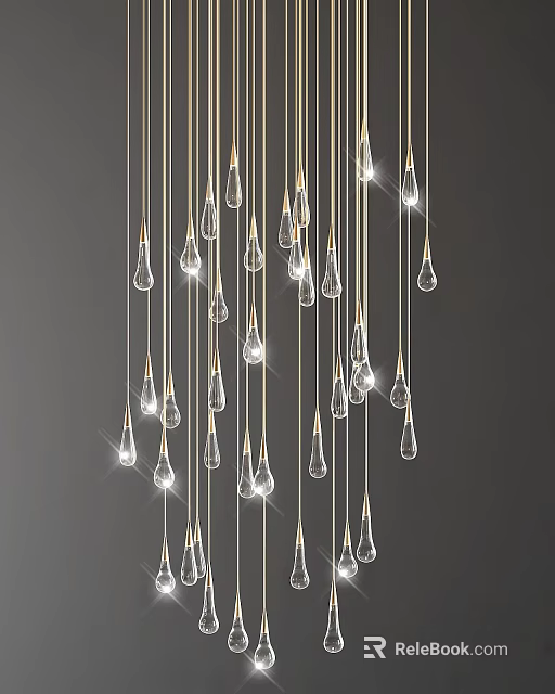 Modern Luxury Water Drop Shaped Transparent Chandelier with Golden Hanging Wires 3d model 