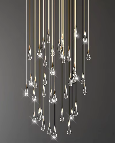 Modern Luxury Water Drop Shaped Transparent Chandelier with Golden Hanging Wires 3d model