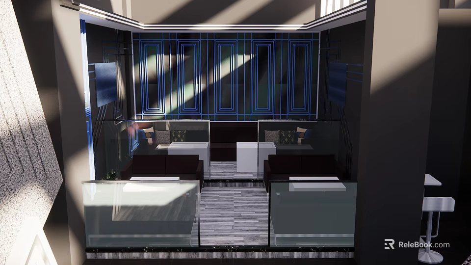Modern Bar Interior Design With Stylish Seating Glass Railings And Natural Light 3d model 