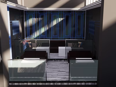 Modern Bar Interior Design With Stylish Seating Glass Railings And Natural Light 3d model