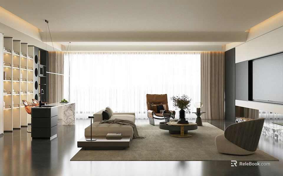 Modern Living Room Interior Design With Sofa Coffee Table Armchair And Curtains 3d model 