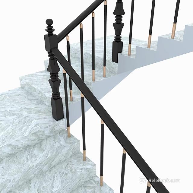 Modern Staircase With White Marble Steps Black Railing And Gold Accents 3d model 