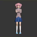 Anime Character With Pink Hair Top Blue Pleated Skirt White Socks Blue Shoes Crossed Arms