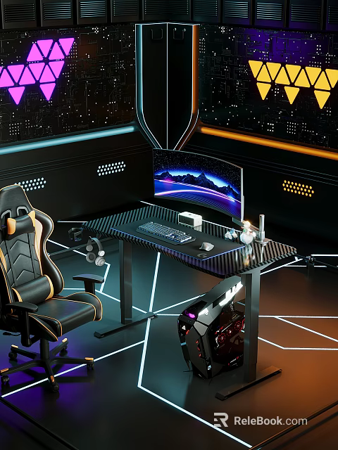 Gaming Desk Setup With Curved Monitor Keyboard Mouse Gaming Chair And Neon Lights 3d model 