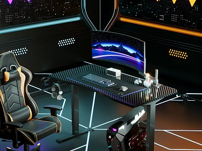 Gaming Desk Setup With Curved Monitor Keyboard Mouse Gaming Chair And Neon Lights 3d model