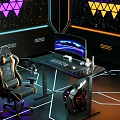 Gaming Desk Setup With Curved Monitor Keyboard Mouse Gaming Chair And Neon Lights