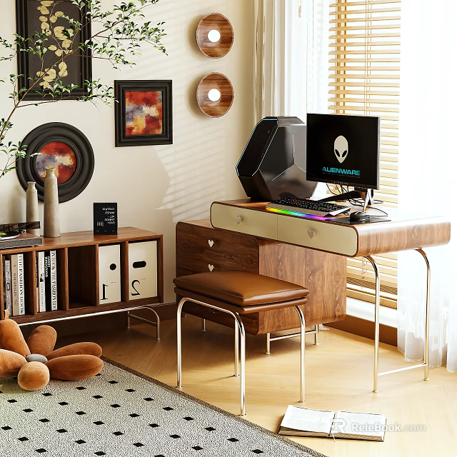 Modern Wooden Vanity Table with Drawers Mirror and Stool in Bedroom 3d model 