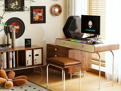 Modern Wooden Vanity Table with Drawers Mirror and Stool in Bedroom 3d model
