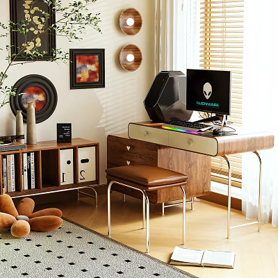 Modern Wooden Vanity Table with Drawers Mirror and Stool in Bedroom 3d model Modern Wooden Vanity Table with Drawers Mirror and Stool in Bedroom 3d model