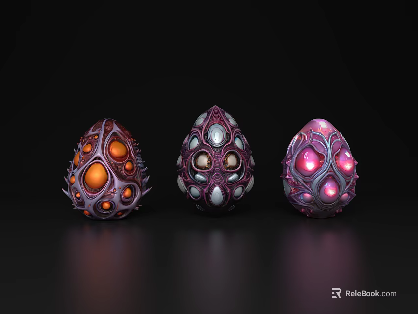 Three Egg Shaped Decorative Ornament Set Orange Purple Pink Accents Glowing Details Intricate Patterns 3d model 
