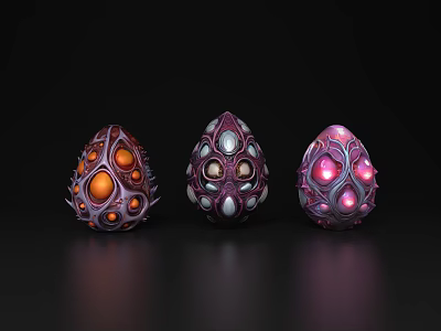 Three Egg Shaped Decorative Ornament Set Orange Purple Pink Accents Glowing Details Intricate Patterns 3d model