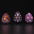 Three Egg Shaped Decorative Ornament Set Orange Purple Pink Accents Glowing Details Intricate Patterns