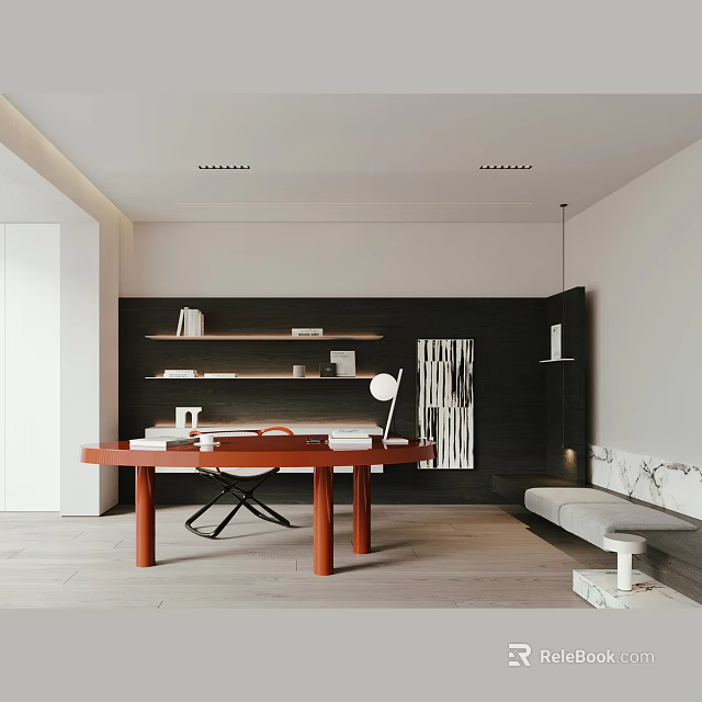 Modern Study Interior Design With Red Desk Black Bookshelf White Books And Table Lamp 3d model 