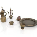 Vintage Brass Tea Set With Kettle Lidded Container Plates And Cups 3d model