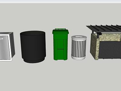 Public Facility Collection Featuring Green Black And Grid Patterned Trash Bins With Roofed Structure 3d model