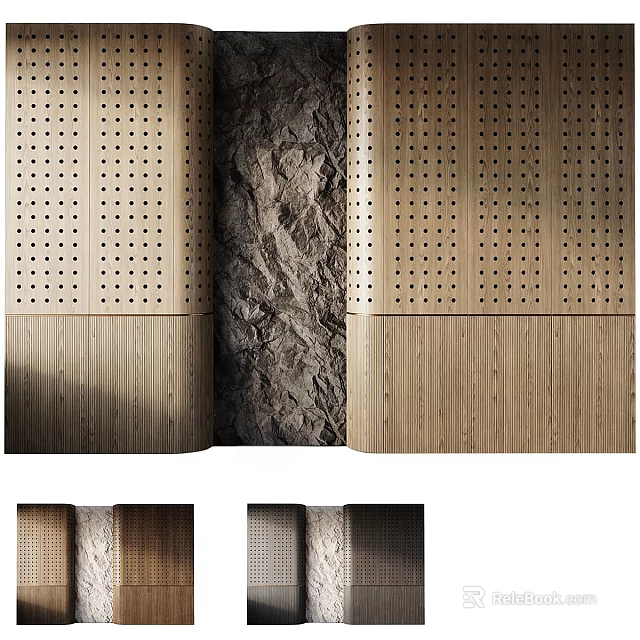 Perforated Wooden Background Wall Design With Rock Texture And Color Variations 3d model 