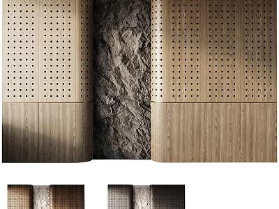Perforated Wooden Background Wall Design With Rock Texture And Color Variations 3d model