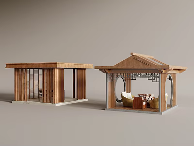 Traditional Wooden Pavilions With Open Structure And Ornate Roof Featuring Seating Area 3d model