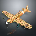 Space Aviation Model Airplane Featuring Leopard Print Design Orange Yellow Hue And Cross Tail Emblem