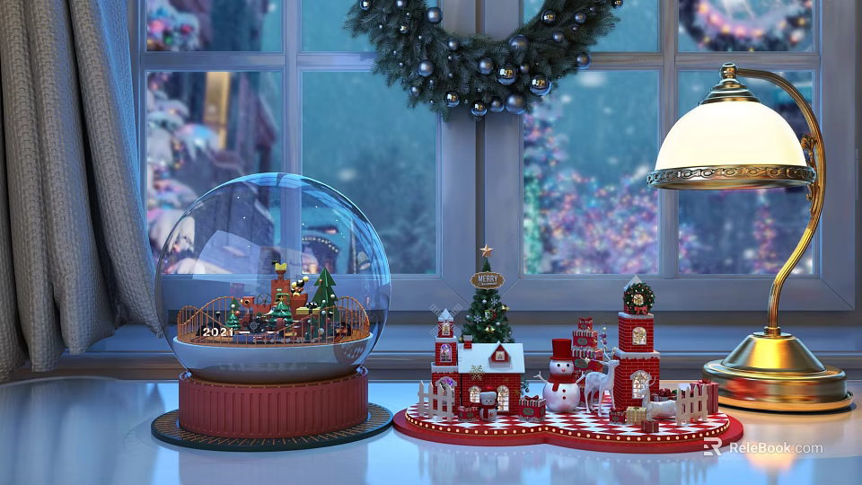 Festive Christmas Tabletop Decorations With Snow Globe Small Houses And Tree 3d model 
