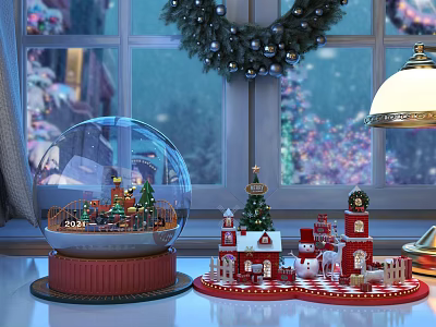 Festive Christmas Tabletop Decorations With Snow Globe Small Houses And Tree 3d model