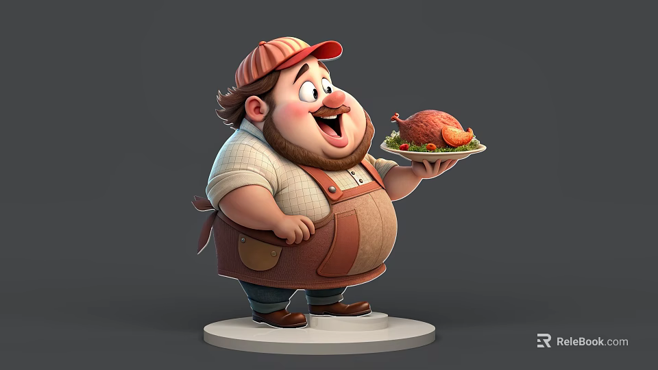 Cartoon man wearing red striped cap and brown apron holding roasted chicken plate with smile 3d model 