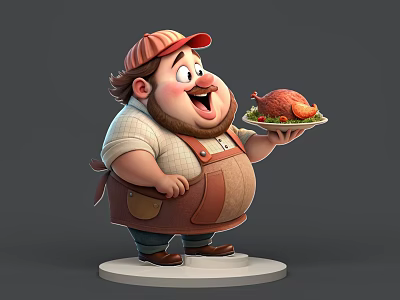 Cartoon man wearing red striped cap and brown apron holding roasted chicken plate with smile 3d model