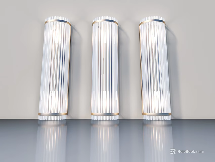 Modern White Flush Doors With Gold Trim Vertical Stripes And Reflective Base 3d model 